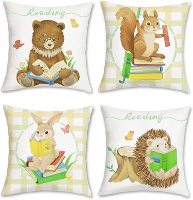 Obrázok produktu pre Sada 4 zvieracích obliečok na vankúše 45x45 cm, mäkké zamatové obliečky na vankúše, s medveďom, veveričkou