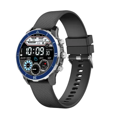 A smartwatch with a black strap and a blue bezel is shown against a white background.