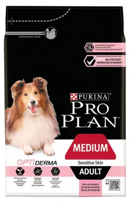 Produktbild von Purina Proplan Hundefutter für mittelgroße, ausgewachsene Hunde mit empfindlicher Haut und Optiderma Lachs