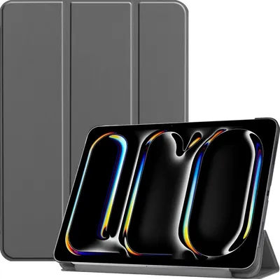 A gray tri-fold case for an iPad Pro is shown standing upright with the screen displaying a colorful abstract image. The case is folded to act as a stand.