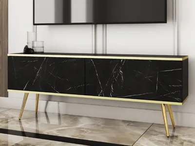 Produktbild von GrainGold TV-Schrank Diolo - RTV-Schrank, RTV-Tisch, Lowboard, TV-Tisch mit Metallbeinen, Stilvoller RTV-Schrank - TV-Schrank Schwarzer Marmor, Gold