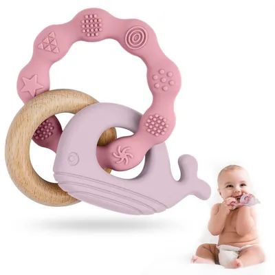 Produktbild von Beißring Baby Zahnungshilfe Silikon Holz Wal-Rosa BPA-frei ab 3 Monate
