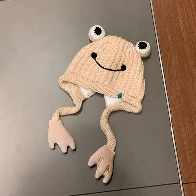 Produktbild von Froschmütze häkeln Strickmütze mit großen Augen, Frosch Strickmütze, Winter Ohrenschutz Beanie Mützen, gestrickte Mützen für den Outdoor Herbst Winter, Damen Hüte, Beige