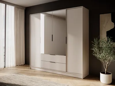Produktbild von Kleiderschrank 4-türig mit Schubladen und Vitrine – moderner Schrank mit Riffelglas / Flutes Glas, viel Stauraum, 206 cm breit, Schlafzimmer Garderobenschrank - Sevia Kaschmir – mit Spiegel