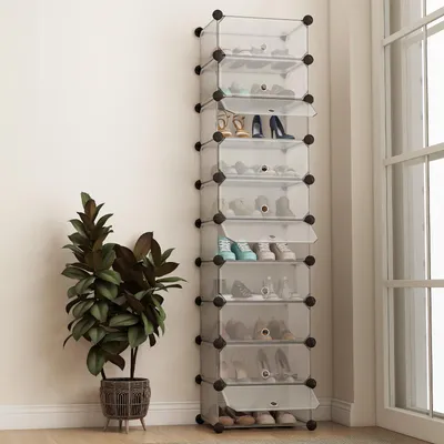 Produktbild von Sekey Schuhregal Schmal Schuhschrank mit 10 Fächern 1-tlg mit Tür, DIY Kunststoff Schuhaufbewahrung, Transparent