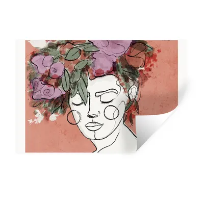 Produktbild von MuchoWow® Wandtattoo Wandsticker Wandaufkleber Porträt - Frau - Blumen - Pastell 60x40 cm Selbstklebend und Repositionierbar - Wierderverwendbar - Selbstklebend