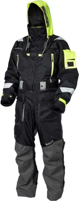 A full-body studio shot of a black and gray flotation suit with yellow accents.