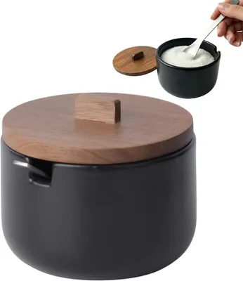 Produktbild von Zuckerdose Keramik mit Acaciaholzdeckel, 10,5 x 9 cm, mit Löffel, für Zucker und Gewürze