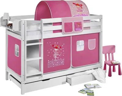 Produktbild von Lilokids Etagenbett JELLE Zauberfee - Hochbett - weiß - mit Vorhang und Lattenroste - Maße: 150 cm x 208 cm x 98 cm; JELLE1054KW-ZAUBERFEE