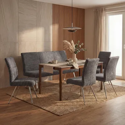 Produktbild von Esszimmer-Set HWC-G55, 4er-Set Stuhl + Sitzbank 160cm, Edelstahl gebürstet Stoff/Textil Chenille  dunkelgrau