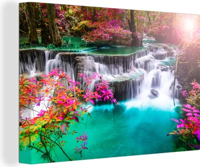 Produktbild von OneMillionCanvasses® - Leinwandbilder - 150x100 cm, Wasserfall - Sonne - Bäume - Regenbogen - Natur, Wandbilder Kunstdruck Wanddekoration - Foto auf Leinwand - Gemälde auf