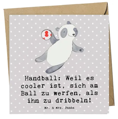 Produktbild von Mr. & Mrs. Panda Grußkarte Handball Action - Grau Pastell - Geschenk, Teamarbeit, anlasskarte, Sportart, Klappkarte, faltkarte, doppelkarte, Sportler, Geschenke, Taktik