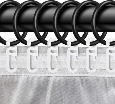 Obrázek produktu pro Plastové kroužky na záclony, 70 × 30 mm, univerzální, černé, plastové, skládací háčky, volánková stuha
