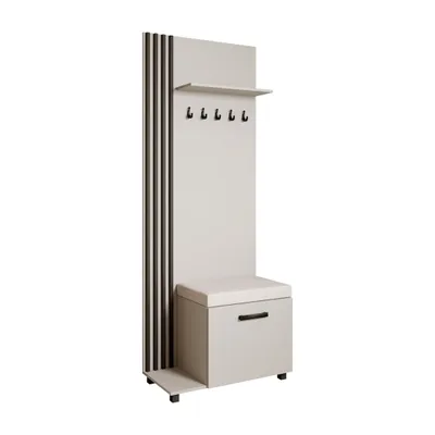 Produktbild von Garderobenschrank LIVIA Links Kaschmir – Garderobe mit Kleiderhaken, Schuhschrank, schwarze Lamellen, hellbeiges Sitzkissen, Hochschrank, Flurmöbel