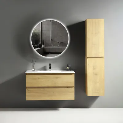 Produktbild von Alpenberger Waschbecken mit Unterschrank 100 cm Breit | Waschbeckenunterschrank Gäste WC | Led Badspiegel | Runder Spiegel mit Beleuchtung | Badezimmerschrank Hochschrank