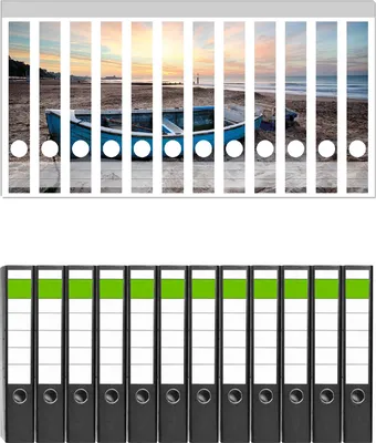 Produktbild von Wallario 12 Stück schmale Ordner inkl. Klebeetiketten mit Motive Fischerboot am Strand bei Sonnenuntergang -  Set mit Rückenschildern / Ordnerrücken Stickern