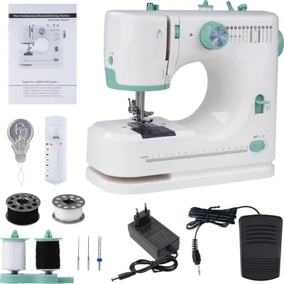 Produktbild von 12-Stich Mini Nähmaschine mit Fußpedal, Multifunktionale Haushaltsnähmaschine, kompakt & tragbar, perfekt für Anfänger und Kinder, EU-Stecker
