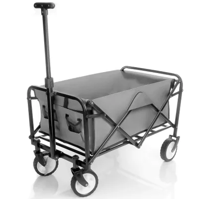 A gray collapsible wagon with a black frame and handle, shown against a white background.