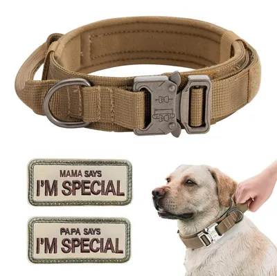 Produktbild von Hundehalsband Taktisch Nylon Gepolstert mit Kontrollgriff Metallschnalle Braun L (46-54 cm)