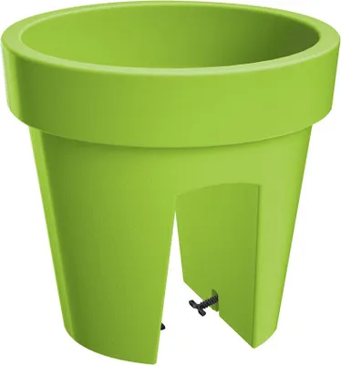 A bright green planter pot designed to hang on a railing.