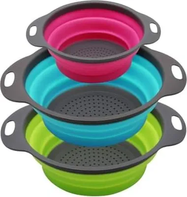 Produktbild von SKERITO Faltbares Silikon Sieb Set fš¹r die Kš¹che - Klappbarer Nudelsieb fš¹r Camping und Salate kš¹chenutensilien zum Abtropfen von Nudeln Gemš¹se Obst 3 Stš¹ck