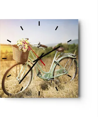 Produktbild von Wanduhr - Quadrat - Glasuhr - Fahrrad Wiese Blumen - 40x40cm - Schleichendes Uhrwerk - Lautlos - zum Aufhängen bereit - Dekoration Modern - Wanddekoration aus Glas - C3AC40x40-4206