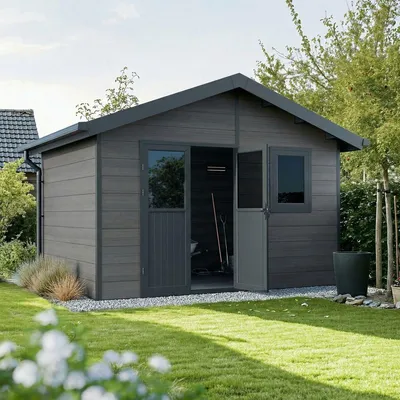 Produktbild von WPC-Gartenhaus ISORA– 12 m², Grau – Dielenstärke: 28 mm – Werkstattkabine/FahrradGerätehaus – Aluminium-Tischlerei
