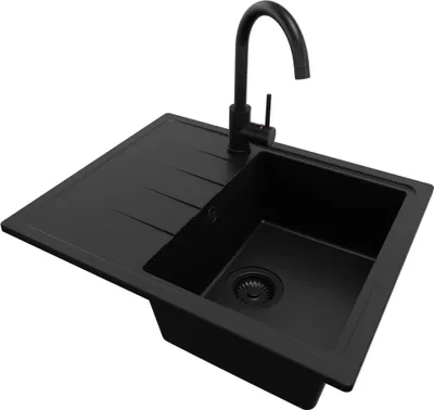 A black kitchen sink with a faucet, shown from a diagonal angle against a white background.