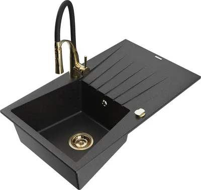 Produktbild von Mexen Cesar 1 Becken-Granitspüle mit Abtropffläche und Mischbatterie Aster, Schwarz/Silbermetallic - 6514-73-73450-57-G