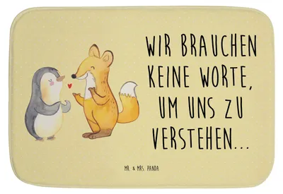 Produktbild von Mr. & Mrs. Panda duschmatte Fuchs & Pinguin gehörlos - Gelb Pastell - Geschenk, Gebärdensprache, badezimmermatte, Badematte, Badvorleger, Duschvorleger, Badteppich