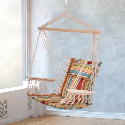 Produktbild von Hängesessel mit Gestell & Kissen, Hängeschaukel Hängestuhl, Polyester Baumwolle Mehrfarbig | 100 x 106 cm | bis 100 kg | Indoor & Outdoor