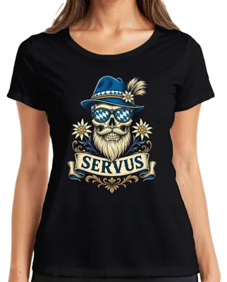 Produktbild von Servus Totenkopf Bart Trachtenhut Edelweiss Bayern Lederhose Wiesn Damen T-Shirt, Schwarz, S