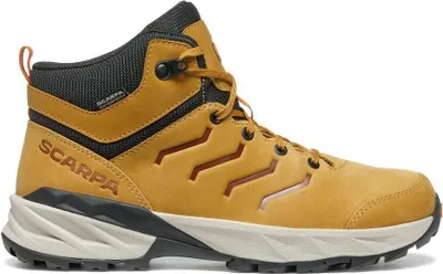 Gelbe Wanderschuhe für Kinder von Scarpa mit schwarzem Schaft und grauer Sohle.