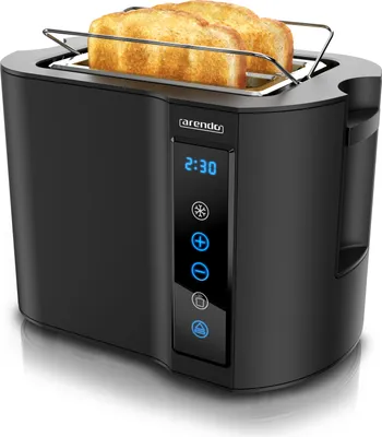 A black toaster with two slices of toast in it, shown from a slightly elevated side angle.