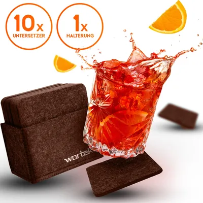 Produktbild von wortek Filz Untersetzer - Deko Tischset + Aufbewahrungsbox I Gläser, Tassen & Tisch, 10er Set I 10cm I Eckig | Braun