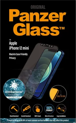 The image shows the packaging of a PanzerGlass screen protector for an iPhone 12 mini.