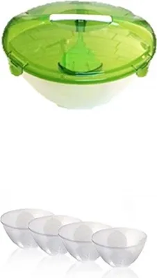 Produktbild von Salatschalen-Set Salat & Go mit Salatbesteck, Blattdekor, Hellgrün, 5,0 L + 4x 1,0 L