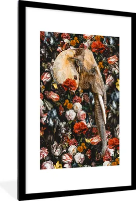Produktbild von MuchoWow® MuchoWow® Gerahmtes Poster Elefant - Blumen - Illustration 60x90 cm - Poster mit zchwarzem Bilderrahmen - Dekoration - Wandposter Wohnzimmer - Hochwertig