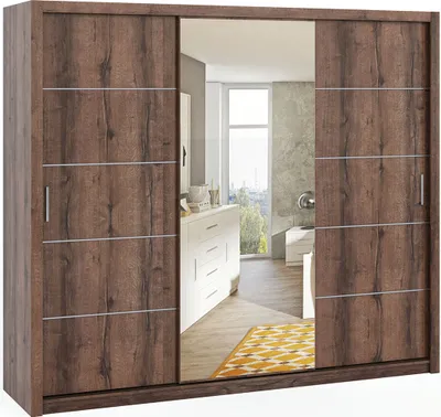 Produktbild von Schiebetürenschrank Zenit 250 cm, Kleiderschrank mit Spiegel, Garderobenschrank, Schlafzimmerschrank (Farbe: Monastery Eiche)