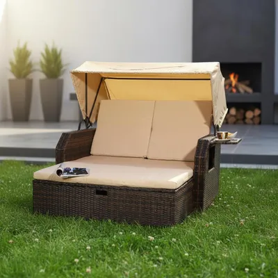 Produktbild von Strandkorb Braun Sonnendach Sonnenliege Sonnenbett Polyrattan Lounge Gartenmöbel