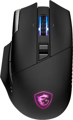 A black gaming mouse with RGB lighting.