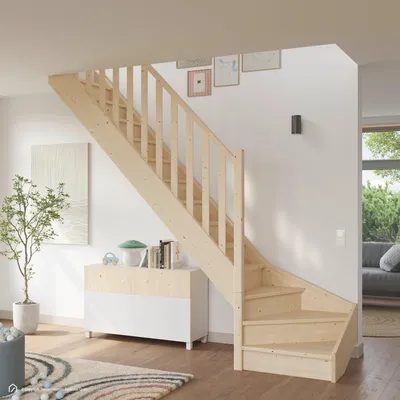 Produktbild von Holztreppe Intercon Casablanca | Fichte | 1/4 gewendelter Verlauf | Rechtswendelung | 60 cm Breite | einseitiges Geländer | mit Setzstufen
