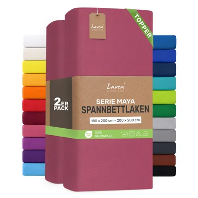 Zdjęcie produktu dla Lavea® Zestaw 2 sztuk, prześcieradła elastyczne na materac, 180/200x200 cm, wykonane w 100% z bawełnianej dzianiny – do materacy o grubości do 10 cm – miękkie, kolor koralowy