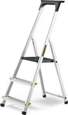 A silver step ladder with black and yellow accents, shown against a white background.