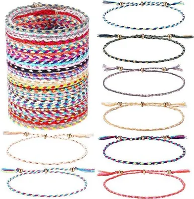 Image de Bracelets d'amitié, lot de 35 pièces - Personnalisables - Cordons tressés/entrelacés - Couleurs vives - Fabriqués à la main - Style bohème/plage - Bracelets en fibres naturelles