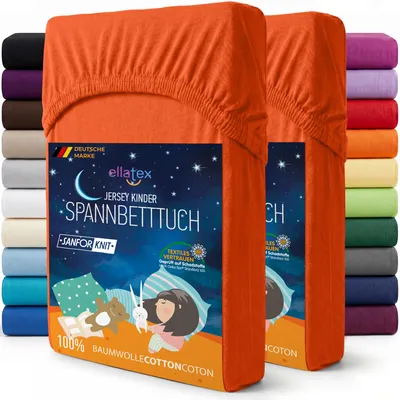 Produktbild von EllaTex 2er Pack Jersey Kinder Spannbettlaken 70x140 Baumwolle – Spannbetttücher Set für Babybett & Kinderbett, Farbe: Orange