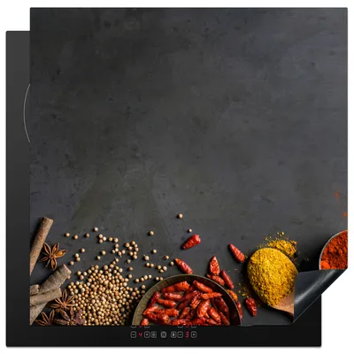 Produktbild von KitchenYeah© Herdabdeckplatte Kräuter - Lebensmittel - Gewürze - Schwarz - Paprika - Zimt , 78x78cm, Küche Deko, Glaskeramikkochfeld Herdabdeckung, Abdeckplatte fùr Kochfeld