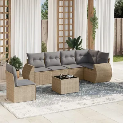 Produktbild von Design 7-tlg. Garten-Sofagarnitur mit Kissen Beige Poly Rattan, Gartenmöbel-Sets 2024 Neu