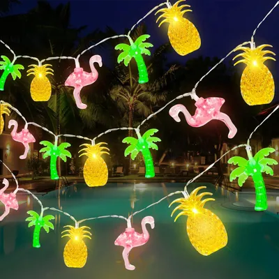 Tropische Lichterkette, 3 m, 20 LEDs, Ananas/Flamingo/Palmen, batteriebetrieben