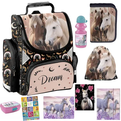 Produktbild von Goldkids - Schulranzen für Jungen und Mädchen, 9er-Set - Schul-Rucksack für Kinder mit Federmäppchen- Schuhbeutel Hausaufgabenheft- Pferde
